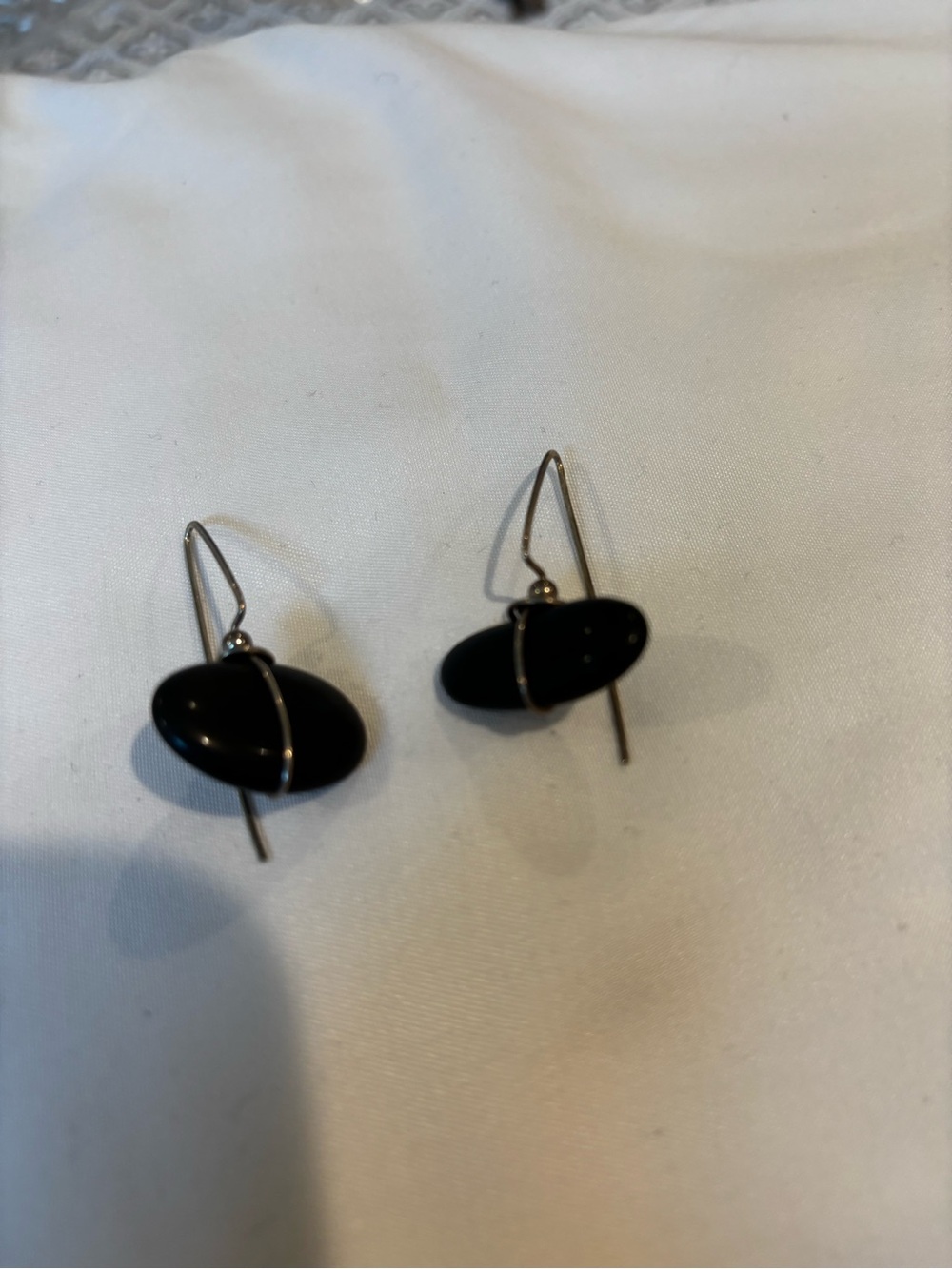 Black Stone from Lake Michigan Drop Earrings with Silver Wire Detail